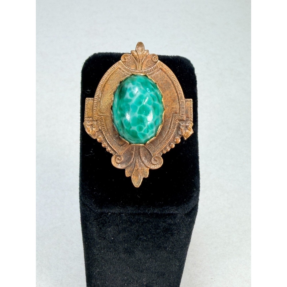 Antique Victorian Revival Peking Glass Adjustable Ring Ornate Brass Statement